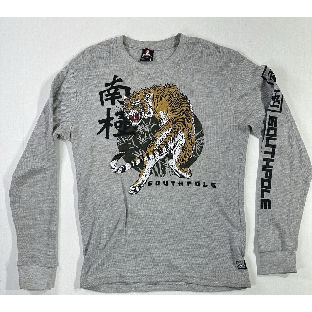 Southpole Men's Long Sleeve Thermal Shirt Tiger Graphic Gray Size S